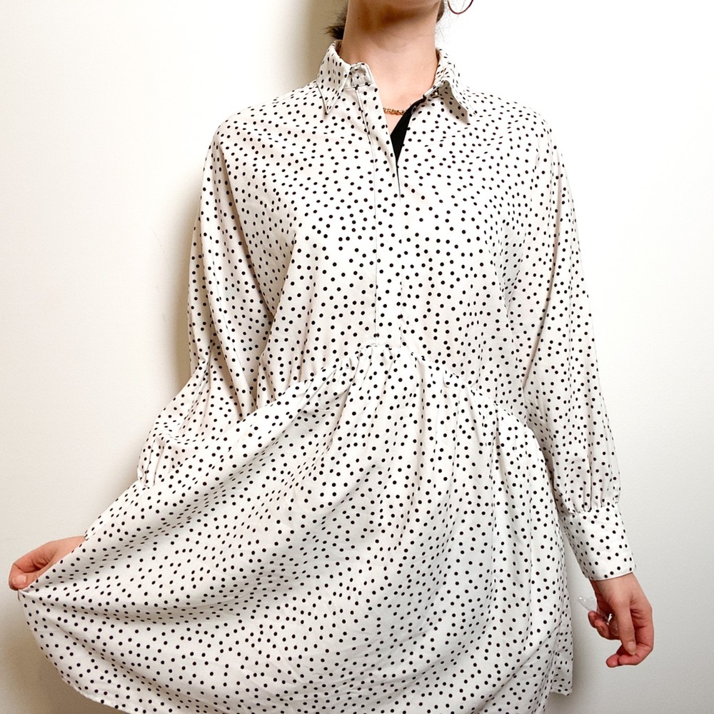 Zara White Long Sleeve Polka Dot Shirt Dress